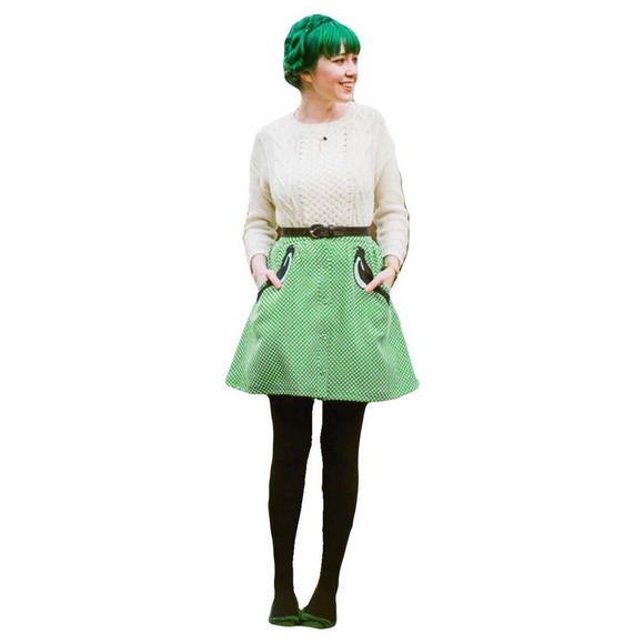 Book of Deer Dresses & Skirts - Book of Deer green/white polka dot w/ emboidered bird A-line skater skirt sz S